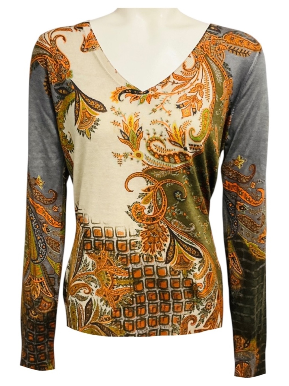 ETRO BEIGE / GREY MULTI PAISLEY PATTERNED LONG SLEEVED V-NECK SILK AND CASHMERE